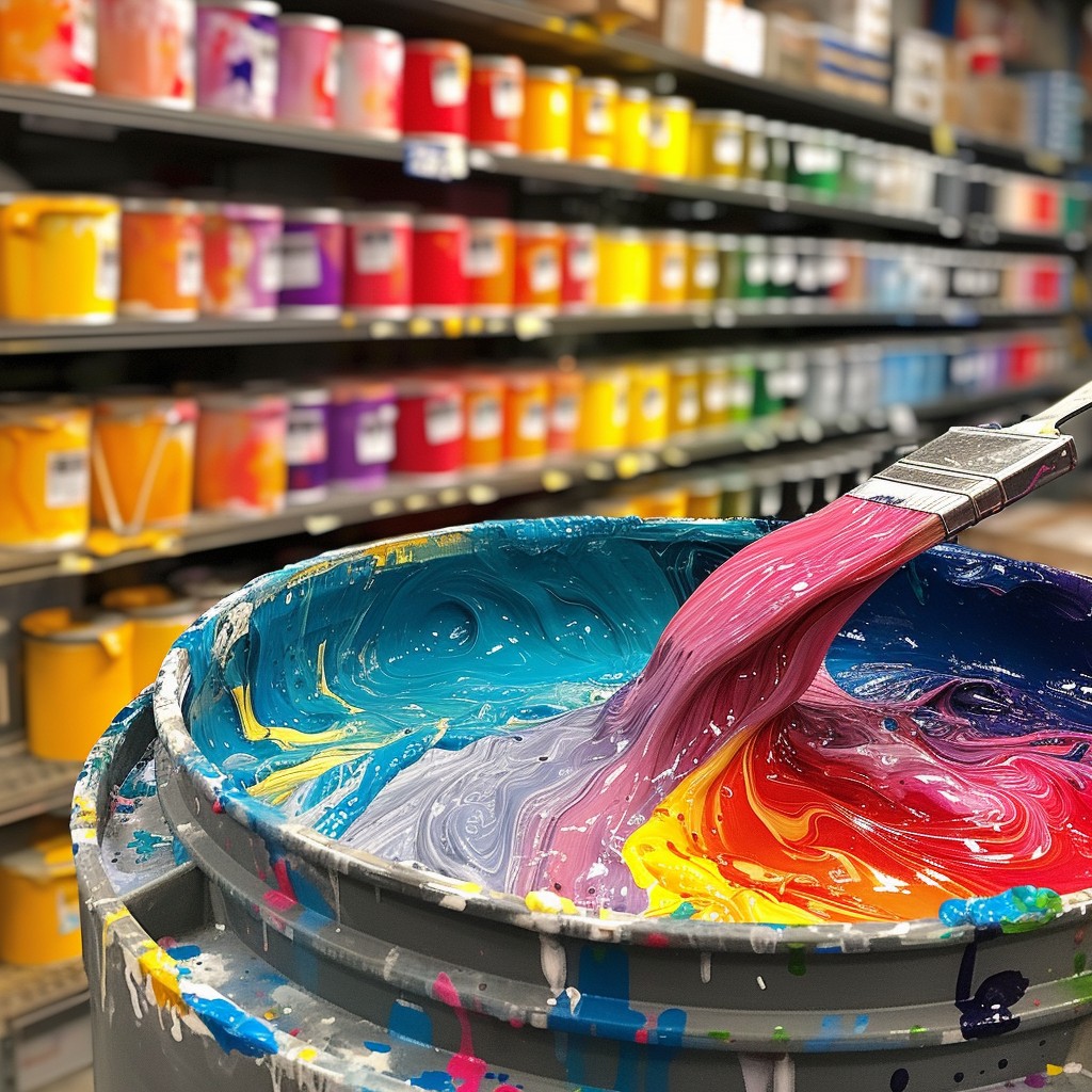 Open paint can with rainbow colors and a pink paintbrush, with paint cans in the background